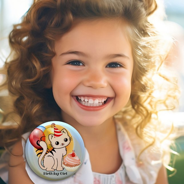 botón Cute Colorful Kitty Birthday (Cute kitty festive birthday button featuring a kitten with balloons and a cupcake - birthday girl)