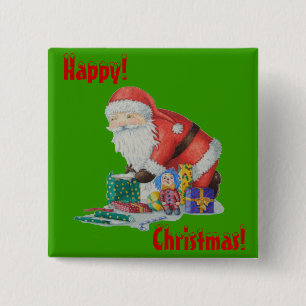 Botón Cute santa claus sobre juguetes y regalos