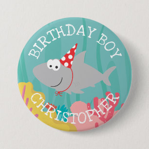 botón Cute Shark Boy Cumpleaños 3"