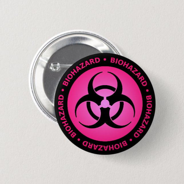 Botón de advertencia de peligro biológico rosado (Anverso y reverso)