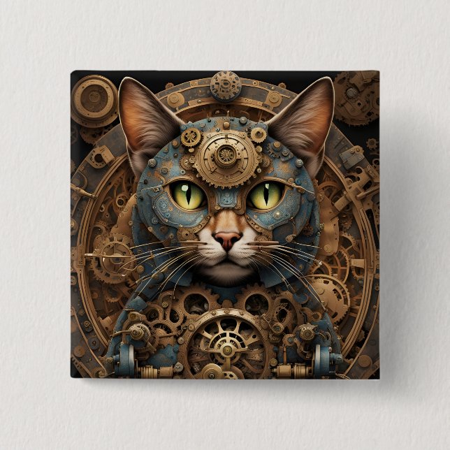 botón de arte de IA del gato steampunk azul (Anverso)