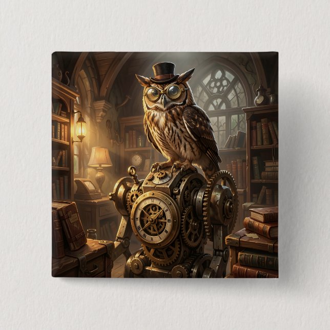 botón de arte de reloj de lechuza steampunk (Anverso)