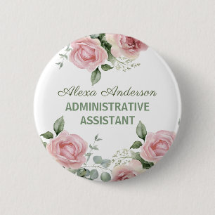 Botón de asistente administrativo floral rosa