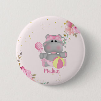 botón de Baby Shower de hippo floral personalizado