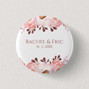 Botón de boda floral rosado con nombres personaliz