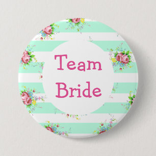 Botón de boda "Team Bride" Verde menta Floral Rosa