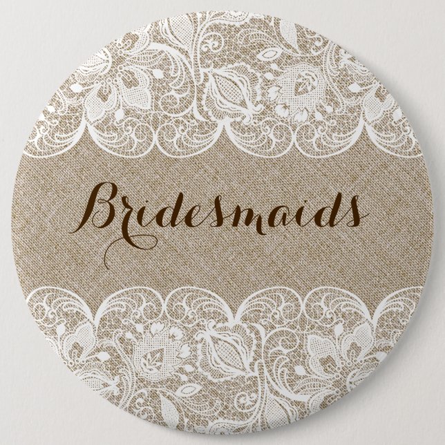 Botón de Bridesmaids de Linen Beige y Lace Blanco (Anverso)
