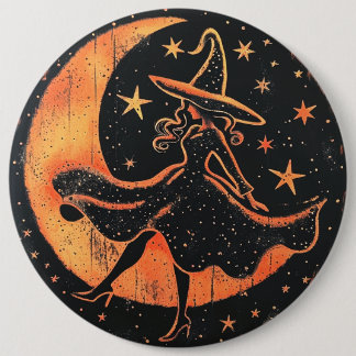 Botón de bruja en luna naranja y negra y estrellas