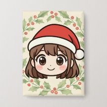 Botón de chica de anime Kawaii de Navidad 