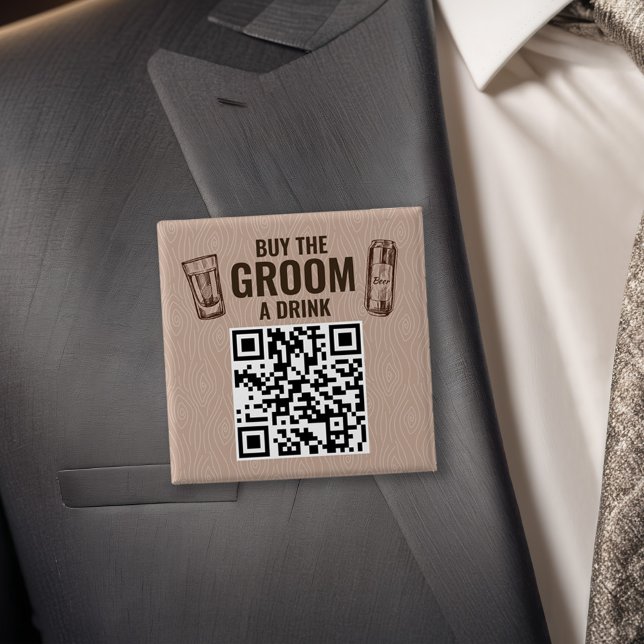 Botón de código QR para comprar una bebida al novi (Buy the Groom To Be a Drink Bachelor Party Square QR Code Button)