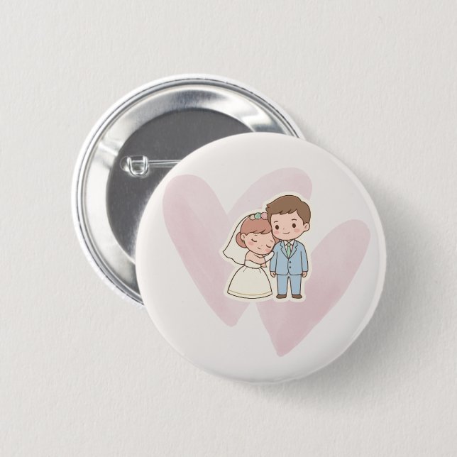 Botón de Corazón de Novia y Novio Adorables  (Anverso y reverso)
