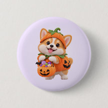 Botón de Corgi de Calabaza Adorable de Halloween