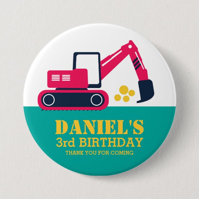 botón de cumpleaños de los niños de la excavadora  (Anverso)