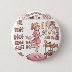 Botón de cumpleaños rosa de niña de anime de fiest