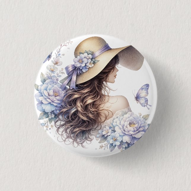 Botón de dama floral azul elegante (Anverso)