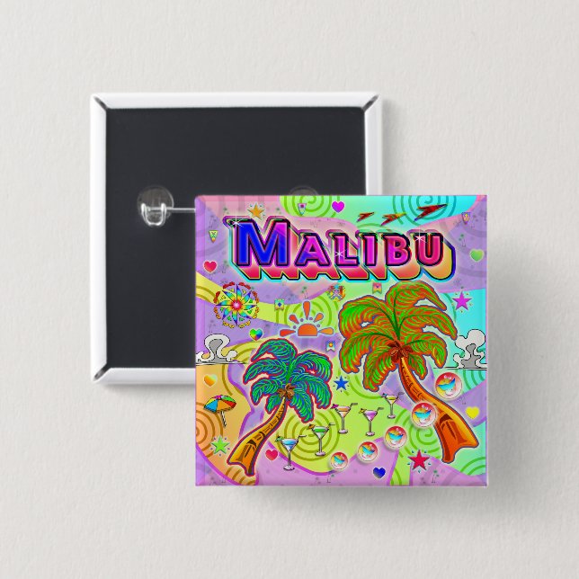 Botón de destino de vacaciones de Malibu (Anverso y reverso)