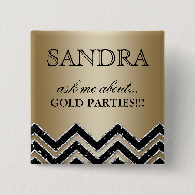 botón de etiqueta de nombre Fiesta de oro Chevron  (Anverso)