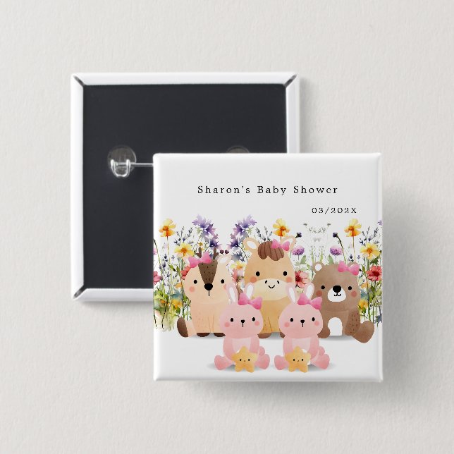 Botón de fiesta de bebé lindo | Animales y flores  (Anverso y reverso)
