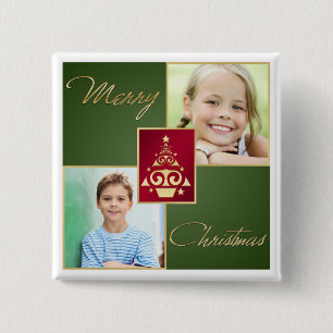 Botón de foto de árbol de navidad verde, rojo y do