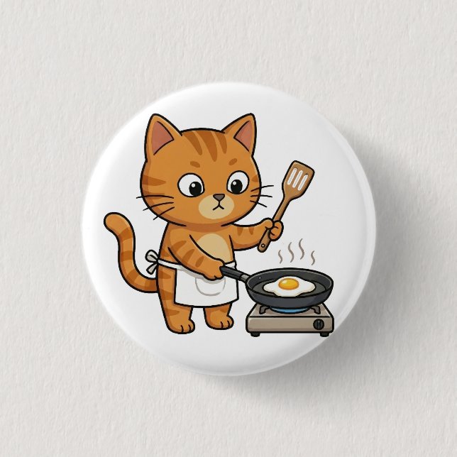 Botón de gato chef lindo friendo huevo (Anverso)