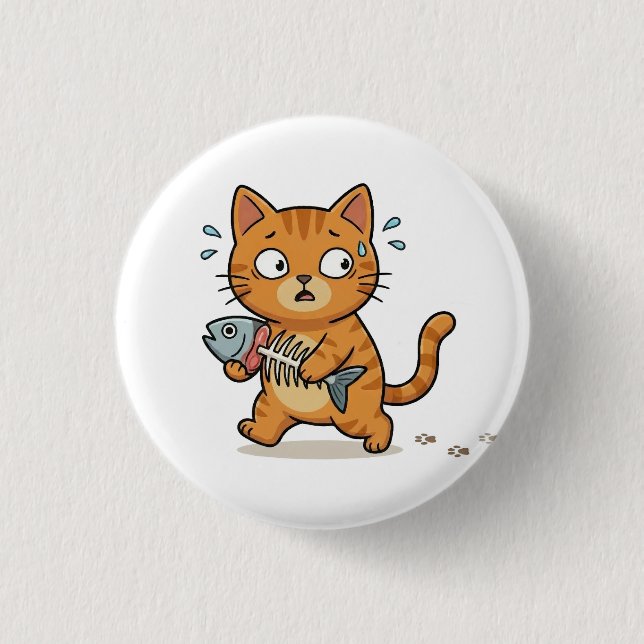 Botón de Gato Sorprendido Sosteniendo Pescado (Anverso)