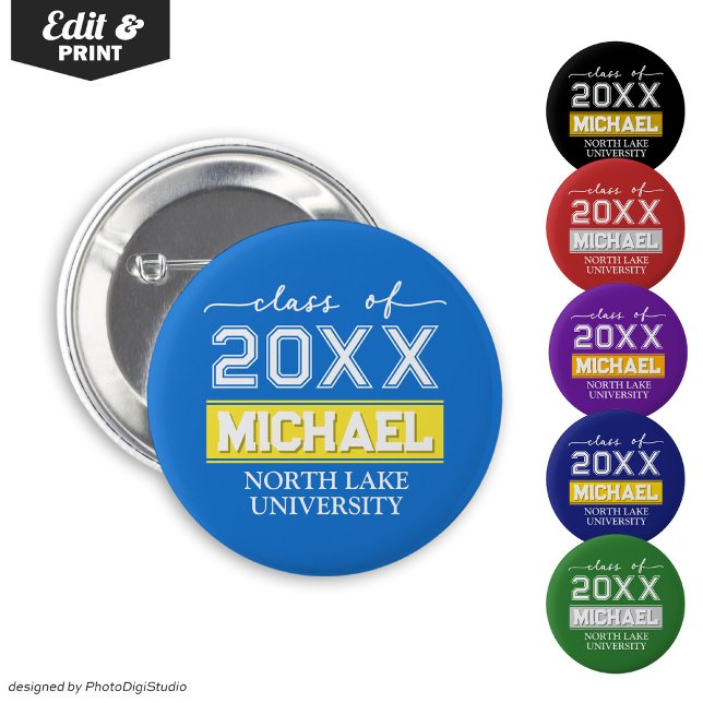 Botón de graduación editable con nombre y escuela (Editable Graduation Button with Name & School, Custom Graduation Button, Blue Yellow Graduate Pin )