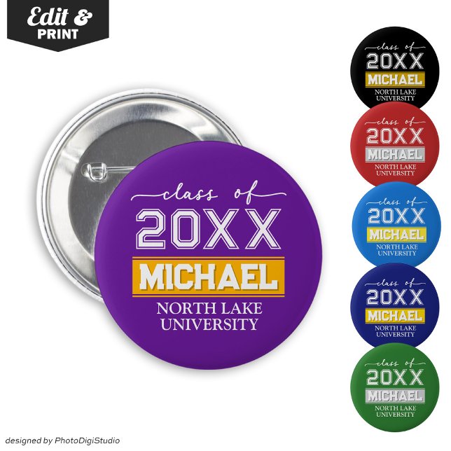 Botón de graduación editable con nombre y escuela (Editable Graduation Button with Name & School, Custom Graduation Button, Purple Gold Graduate Pin )