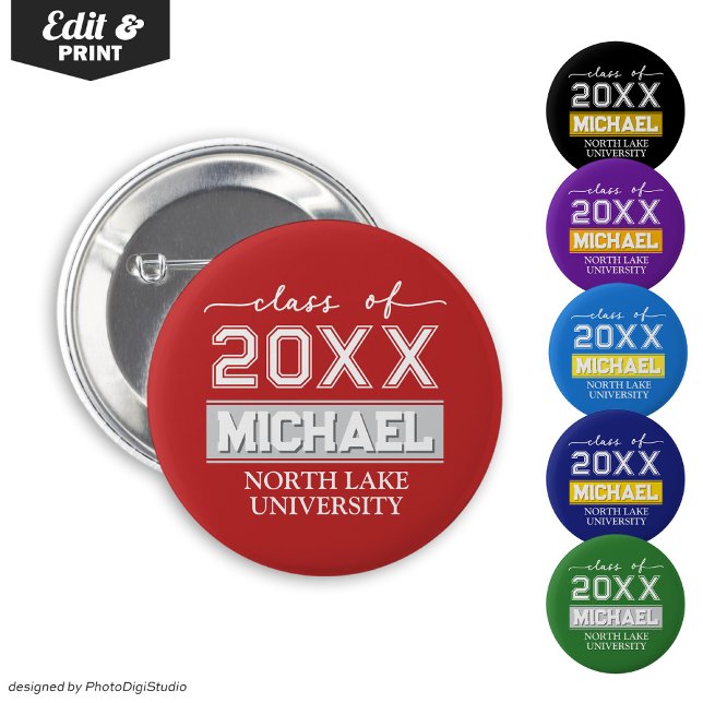 Botón de graduación editable con nombre y escuela (Editable Graduation Button with Name & School, Custom Graduation Button, Red White Graduate Pin )