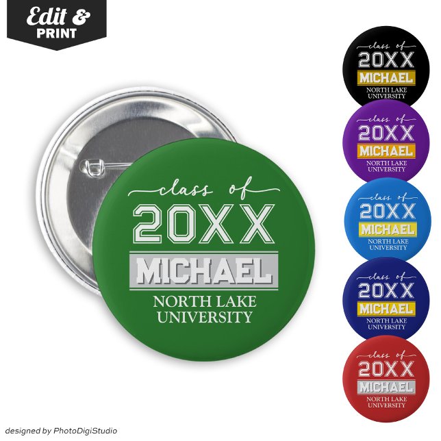 Botón de graduación editable con nombre y escuela (Editable Graduation Button with Name & School, Custom Graduation Button, Green White Graduate Pin )