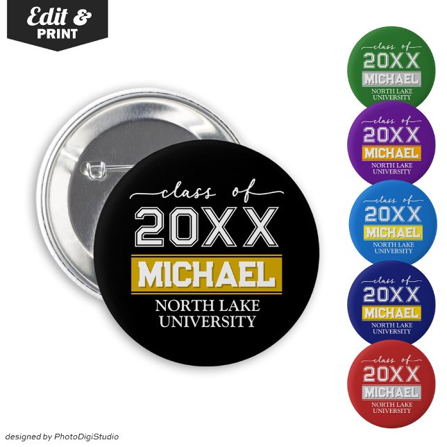 Botón de graduación editable con nombre y escuela (Editable Graduation Button with Name & School, Custom Graduation Button, Black Gold Graduate Pin )