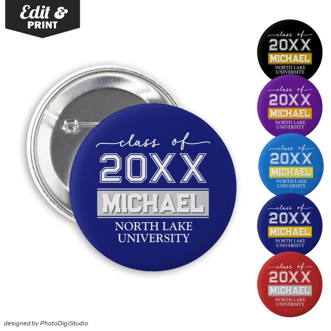 Botón de graduación editable con nombre y escuela (Editable Graduation Button with Name & School, Custom Graduation Button, Blue Silver Graduate Pin )