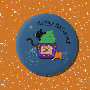 Botón de Halloween azul de gatito negro lindo y pa