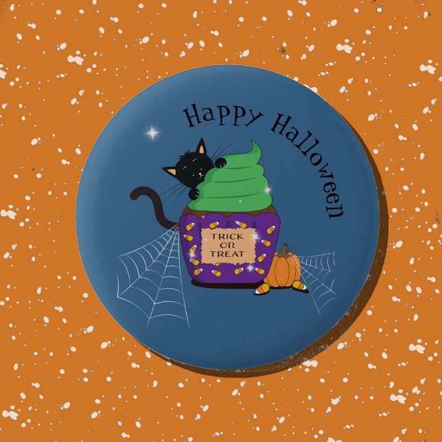 botón de Halloween azul para gato negro y pastel (Cute black cat Halloween blue button .)
