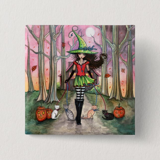 Botón de Halloween de Bruja y Gato (Anverso)