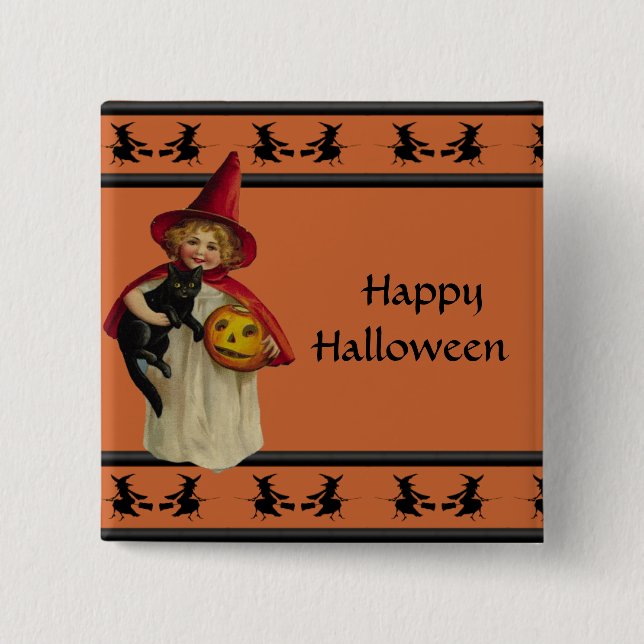 Botón de Halloween de la niña del vintage (Anverso)