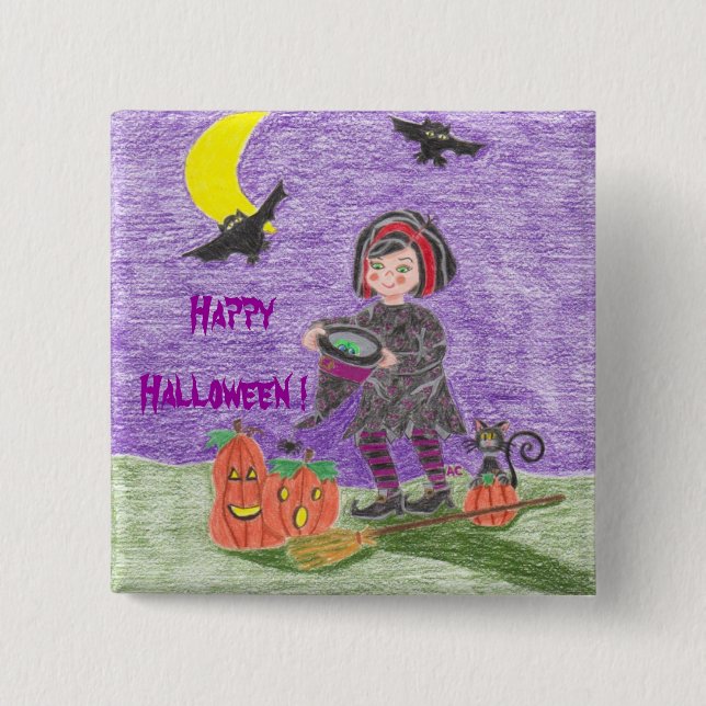 Botón de Halloween Morado de Bruja  (Anverso)