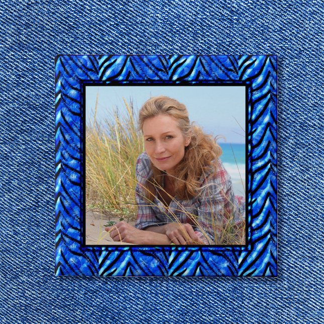 Botón de marco de foto azul colorido (Bright Blue Zebra Art Border Photo Button)