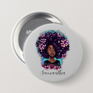 botón de mujer afroafricana con parkling floral