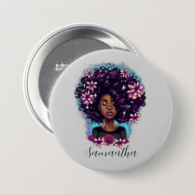 botón de mujer afroafricana con parkling floral (Anverso y reverso)