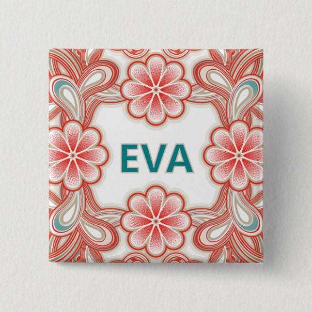 Botón de nombre vintage con flores rojas (Anverso)