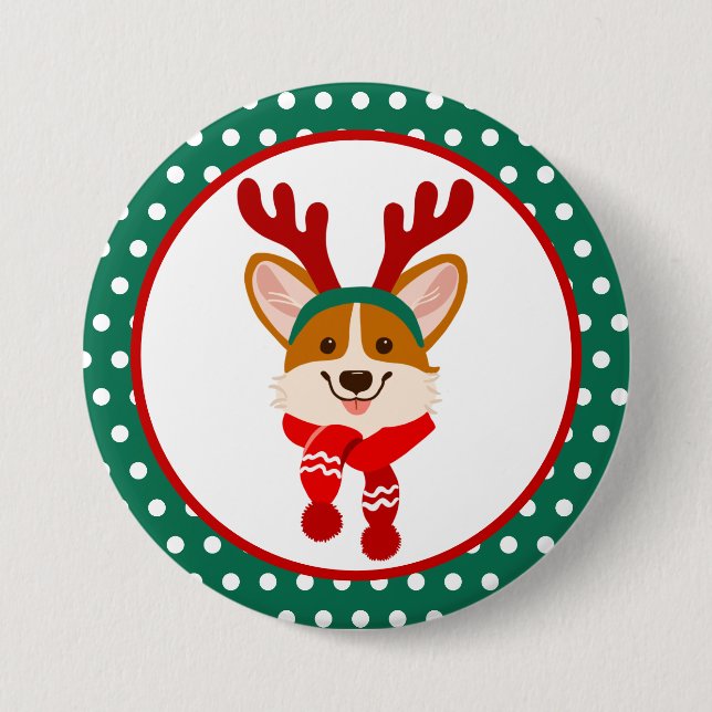 Botón de perro Corgi de Navidad feliz (Anverso)