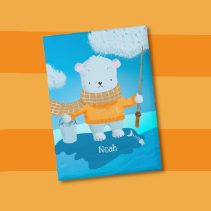 Botón de pin con nombre de niño oso polar de pesca