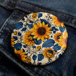 Botón de Pin con Patrón de Girasoles Florales Vint