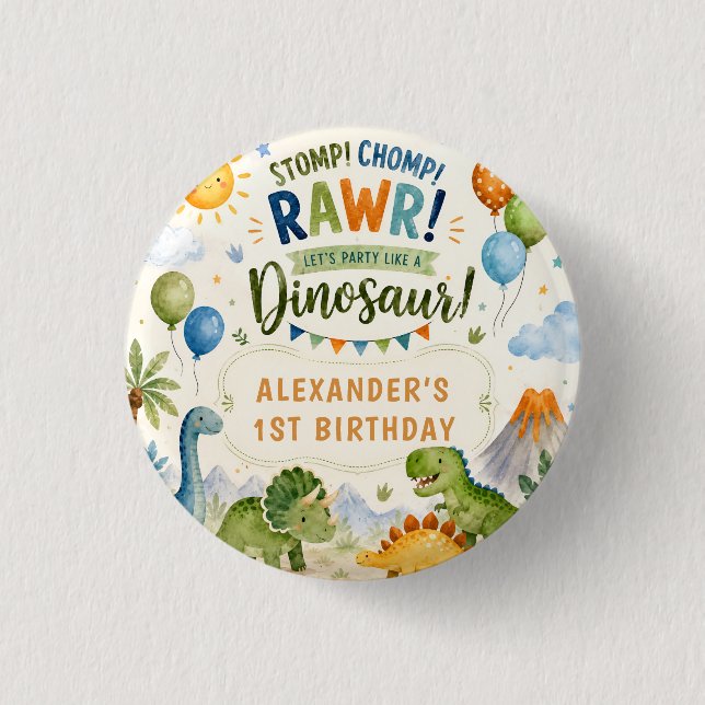 Botón de Pin de Cumpleaños de Dinosaurio Adorable (Anverso)