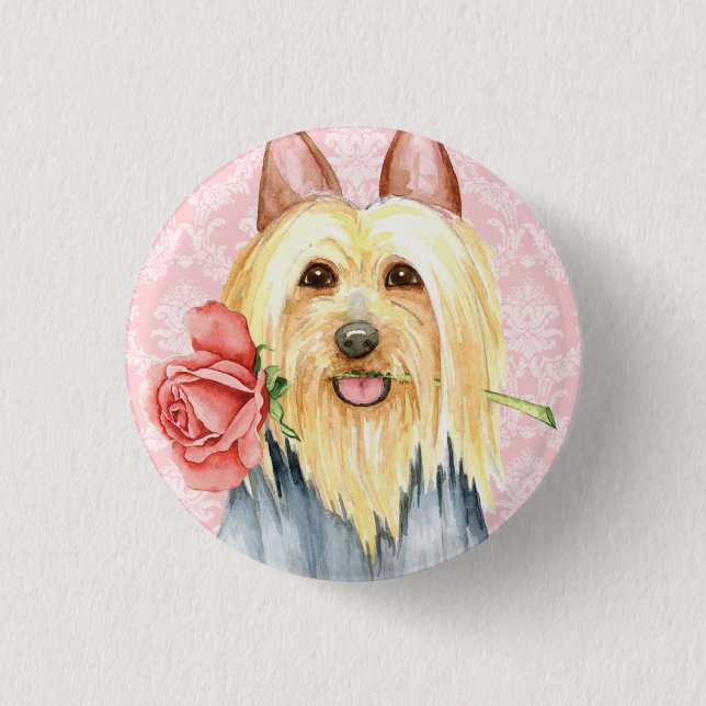 Botón de pinback de Valentine Rosa Silky Terrier (Anverso)