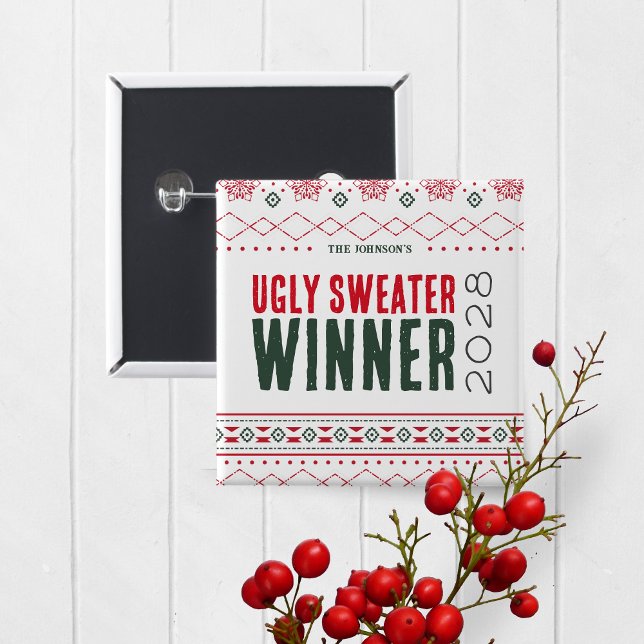 Botón de premio del concurso de suéter feo (Ugly Christmas Sweater Holiday Competition Contest Prize Button for the Winner )