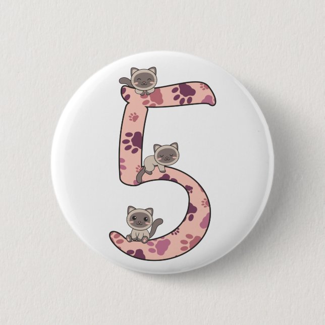 Botón De Quinto Cumpleaños De Gato Siamés Para Niñ (Anverso)