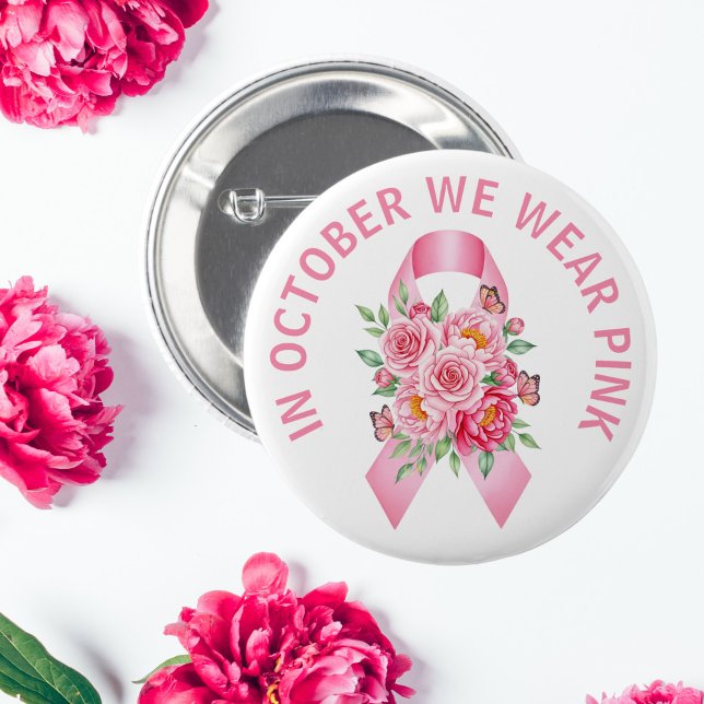 Botón de sensibilización sobre el cáncer de mama e (In October We Wear Pink Floral Ribbon Button)