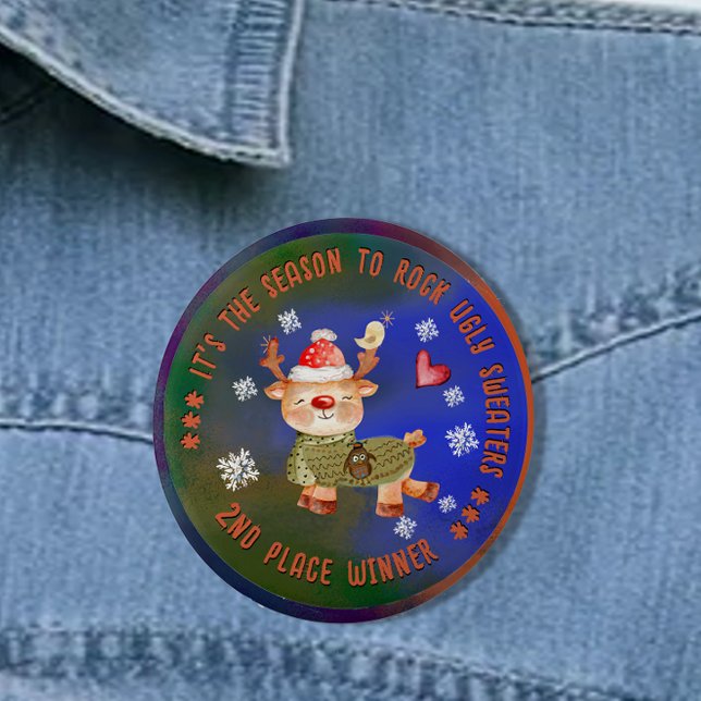 Botón de vencedor de suéter feo 2º ganador (Ugly Sweater 2nd Winner Deer Button)