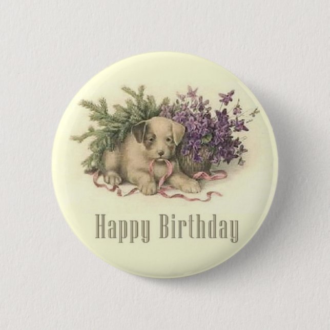 Botón del cumpleaños del perrito del vintage (Anverso)